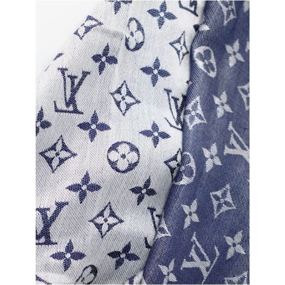 Louis Vuitton Blue and Gray Denim Monogram Wool Silk Shawl Scarf Auth - Picture 3 of 13